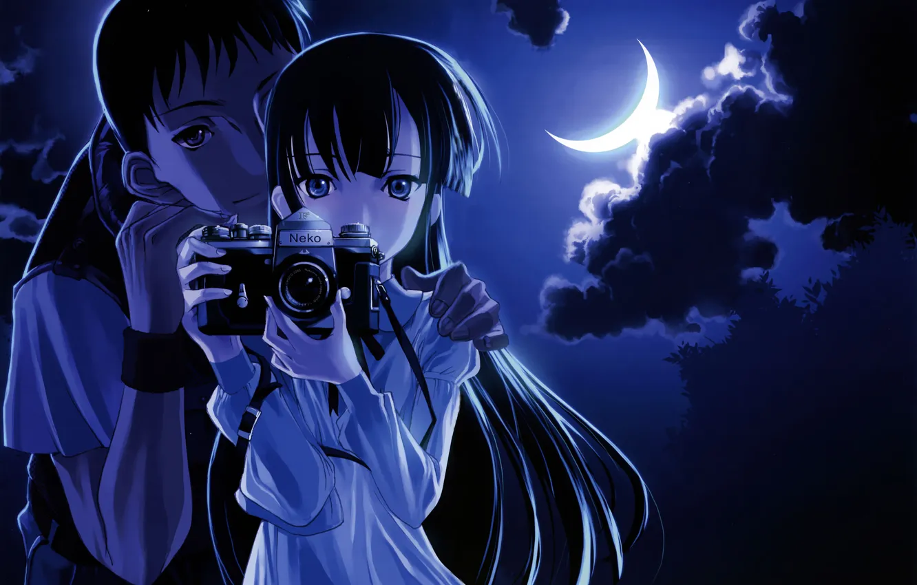 Photo wallpaper the sky, girl, night, art, the camera, guy, Crescent, Night photo