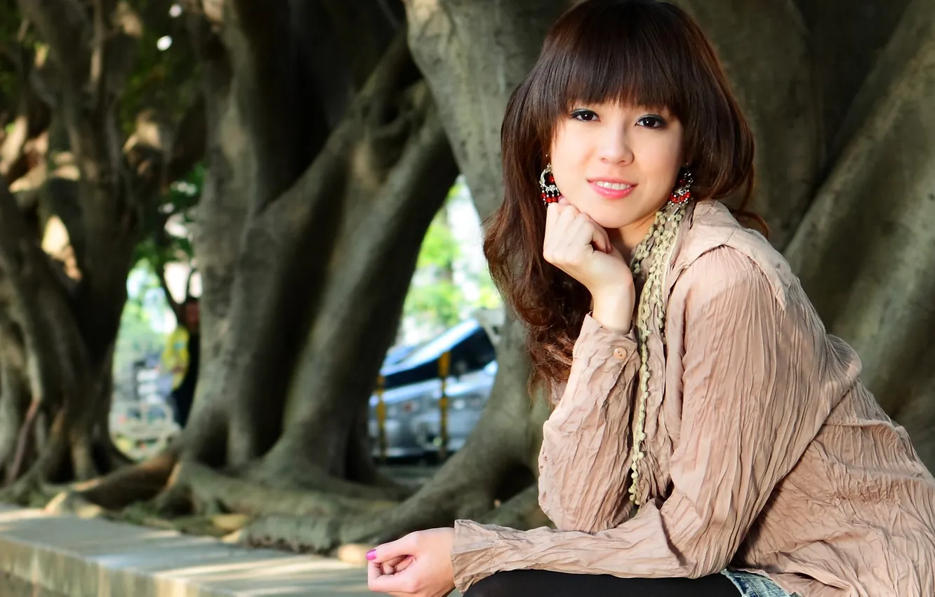 Photo wallpaper trees, smile, brown hair, Asian