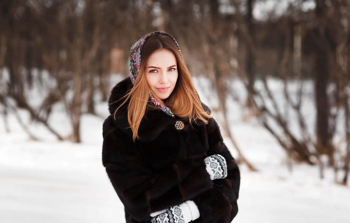 Photo wallpaper look, girl, snow, face, smile, sweetheart, model, portrait