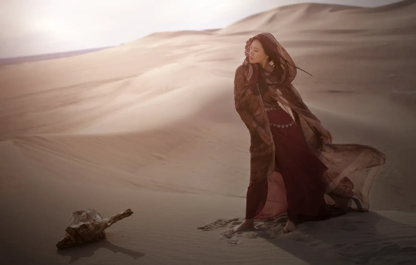 Photo wallpaper sand, girl, pose, desert, dress, brunette, dunes, costume