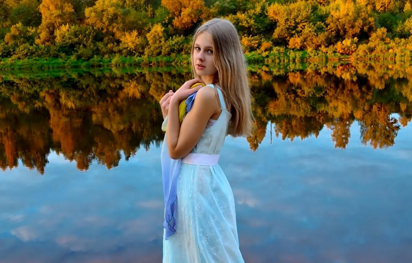 Photo wallpaper forest, look, girl, lake, blonde