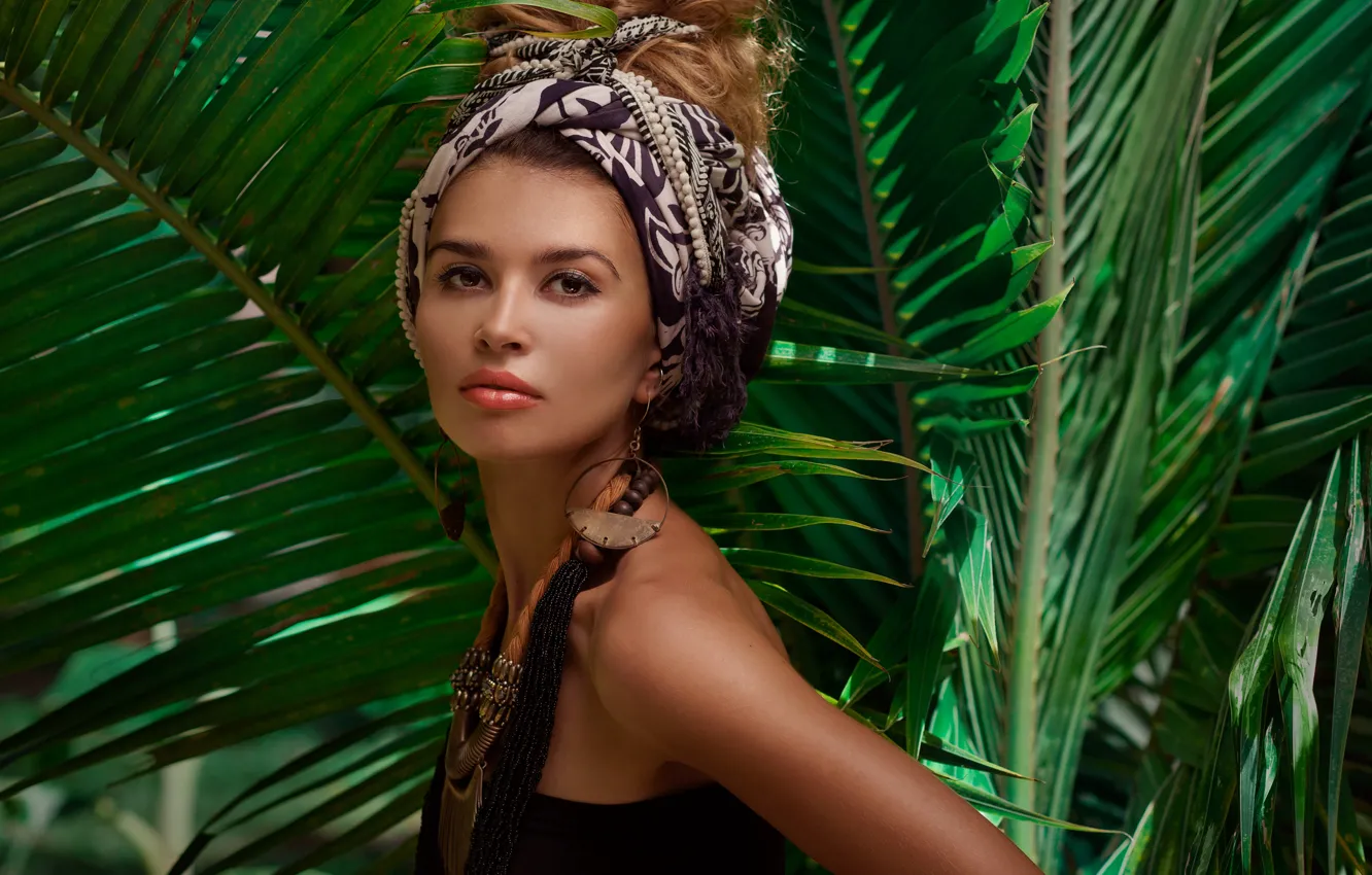 Photo wallpaper greens, look, leaves, girl, decoration, portrait, makeup, hairstyle