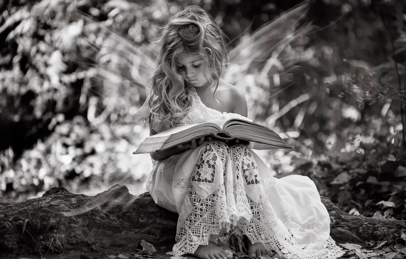 Photo wallpaper wings, girl, book, fairy tales