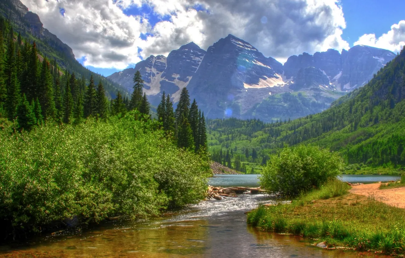 Photo wallpaper the sky, Mountains, Summer, forest, river