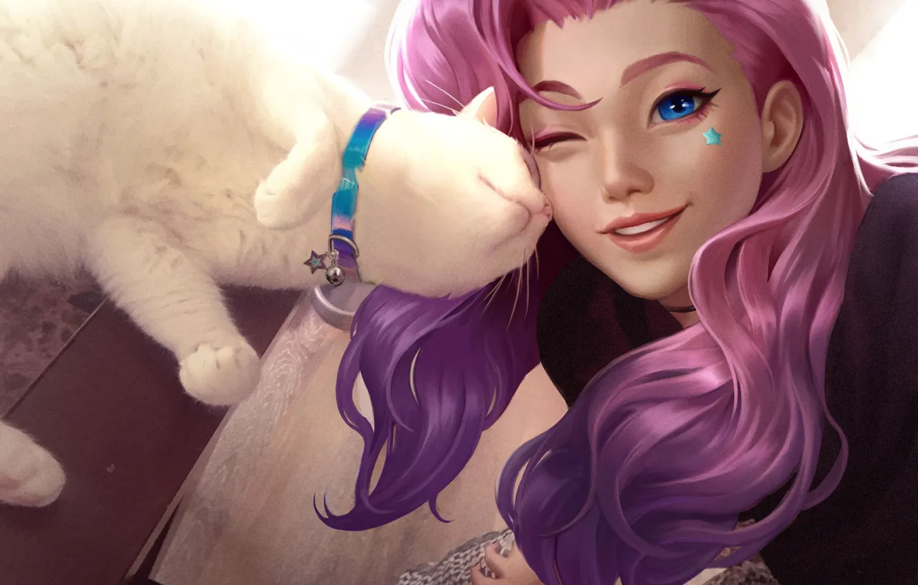 Photo wallpaper cat, blue eyes, women, League of Legends, digital art, fan art, purple hair, video games