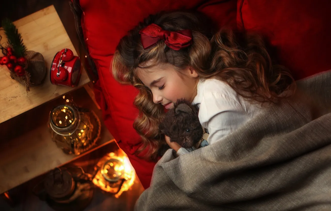 Photo wallpaper mood, toy, new year, sleep, bow, long hair, closed eyes, sleeping girl