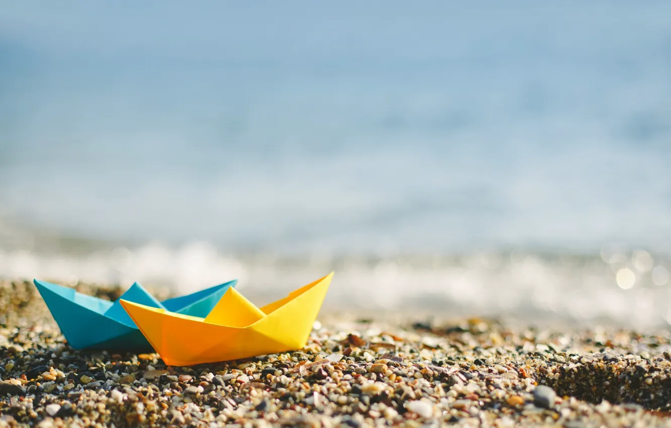 Photo wallpaper sea, origami, summer, shore, boat, paper, stones