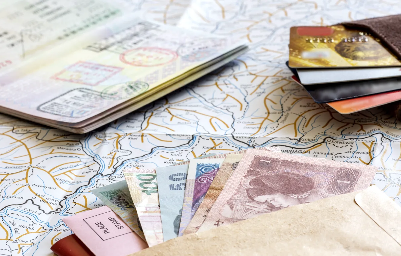 Photo wallpaper money, tourism, maps, credit cards, passport