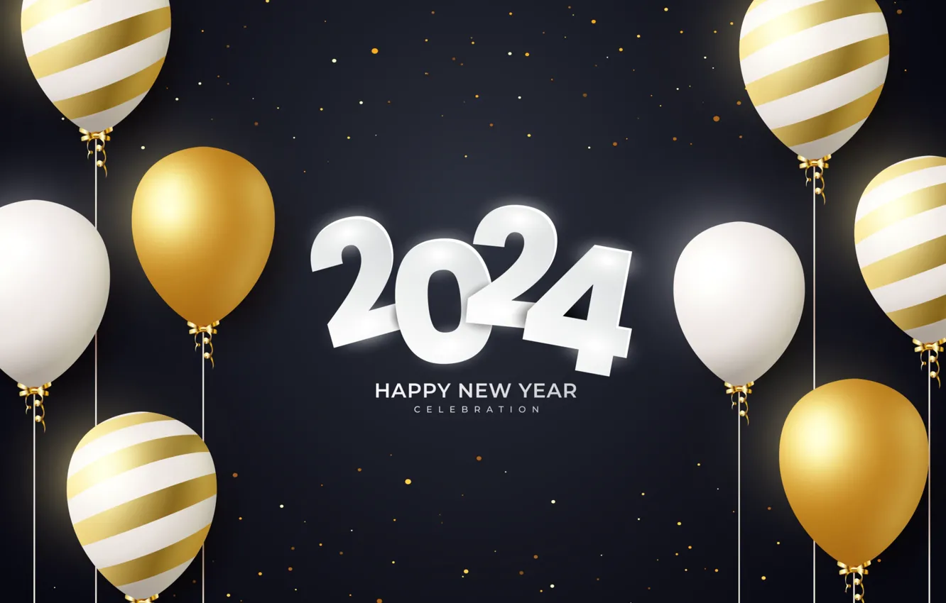 Photo wallpaper balls, the dark background, figures, date, balloons, New Year 2024, white, glow