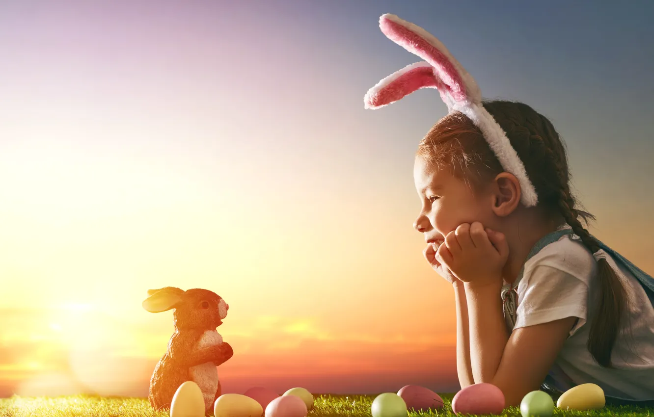 Photo wallpaper sunset, holiday, toy, hare, eggs, Easter, girl, ears