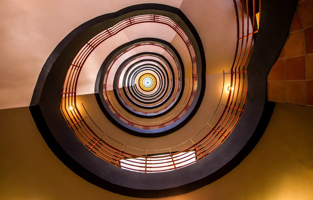 Photo wallpaper lights, spiral, circle, stairs, stained glass, stairwell