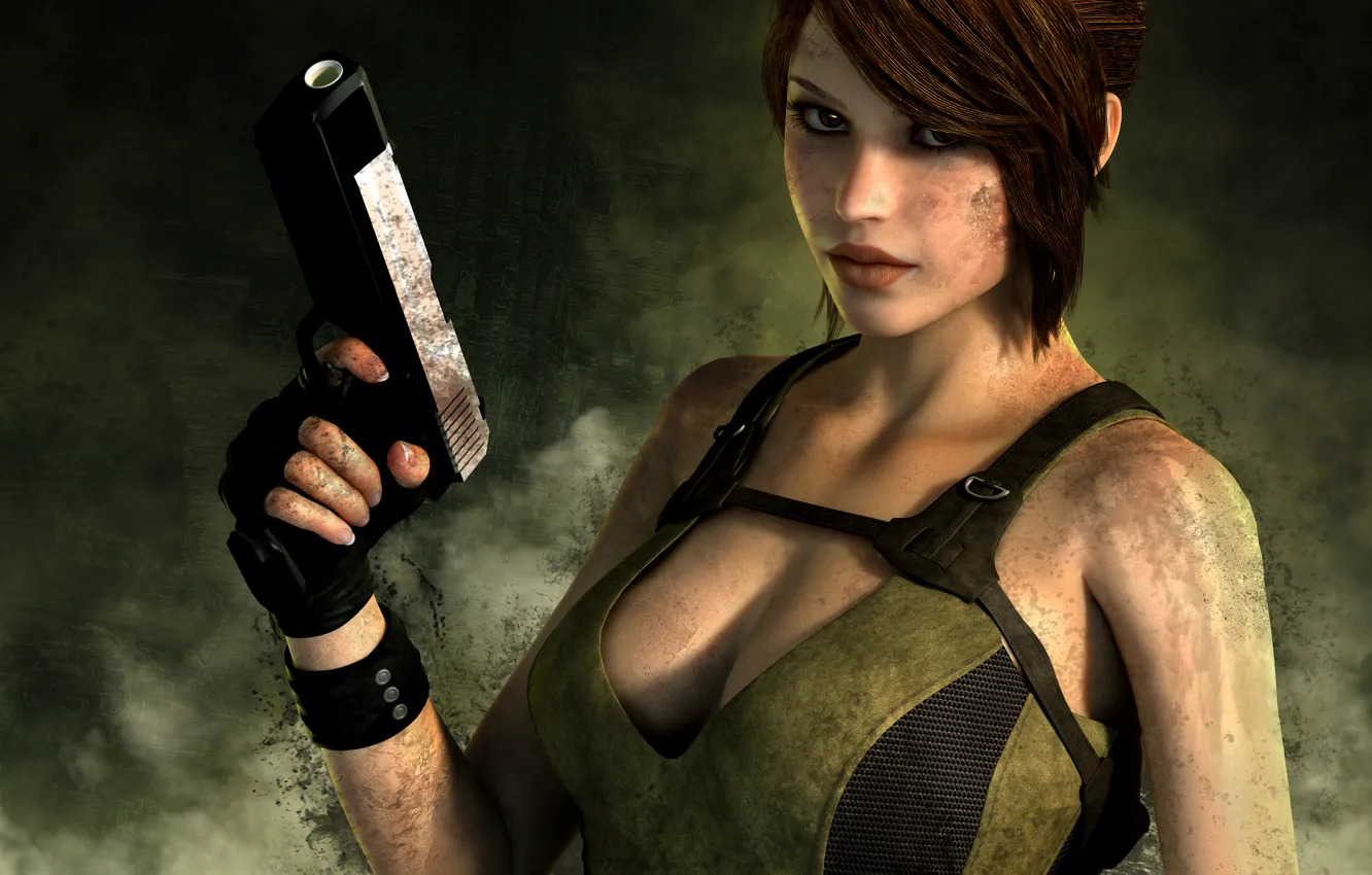 Photo wallpaper look, girl, face, gun, weapons, background, hair, the game