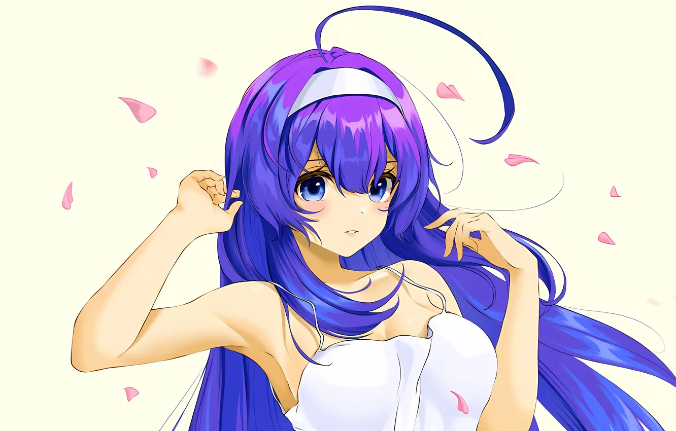 Photo wallpaper girl, cleavage, long hair, dress, boobs, anime, blue eyes, beautiful