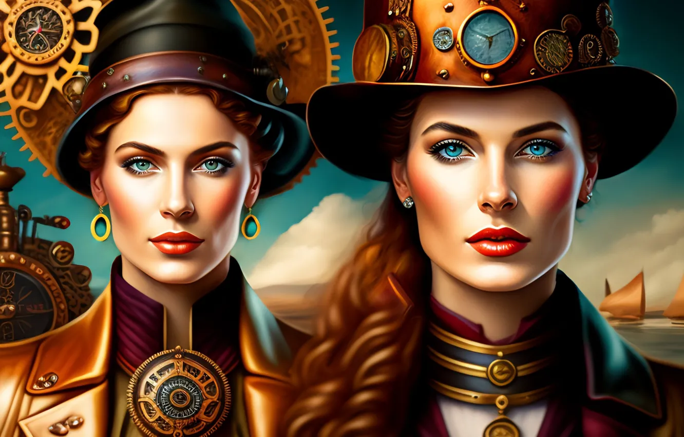 Photo wallpaper girls, art, two girls, hats, digital art, digital art, AI art, neural network