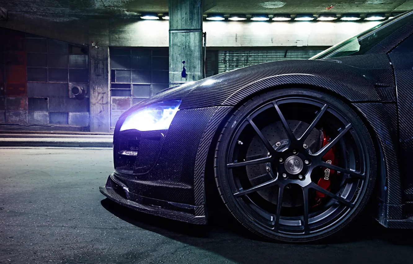 Photo wallpaper Audi, Light, Glow, Night, Tuning, Brake, Carbon Fiber, Wheel