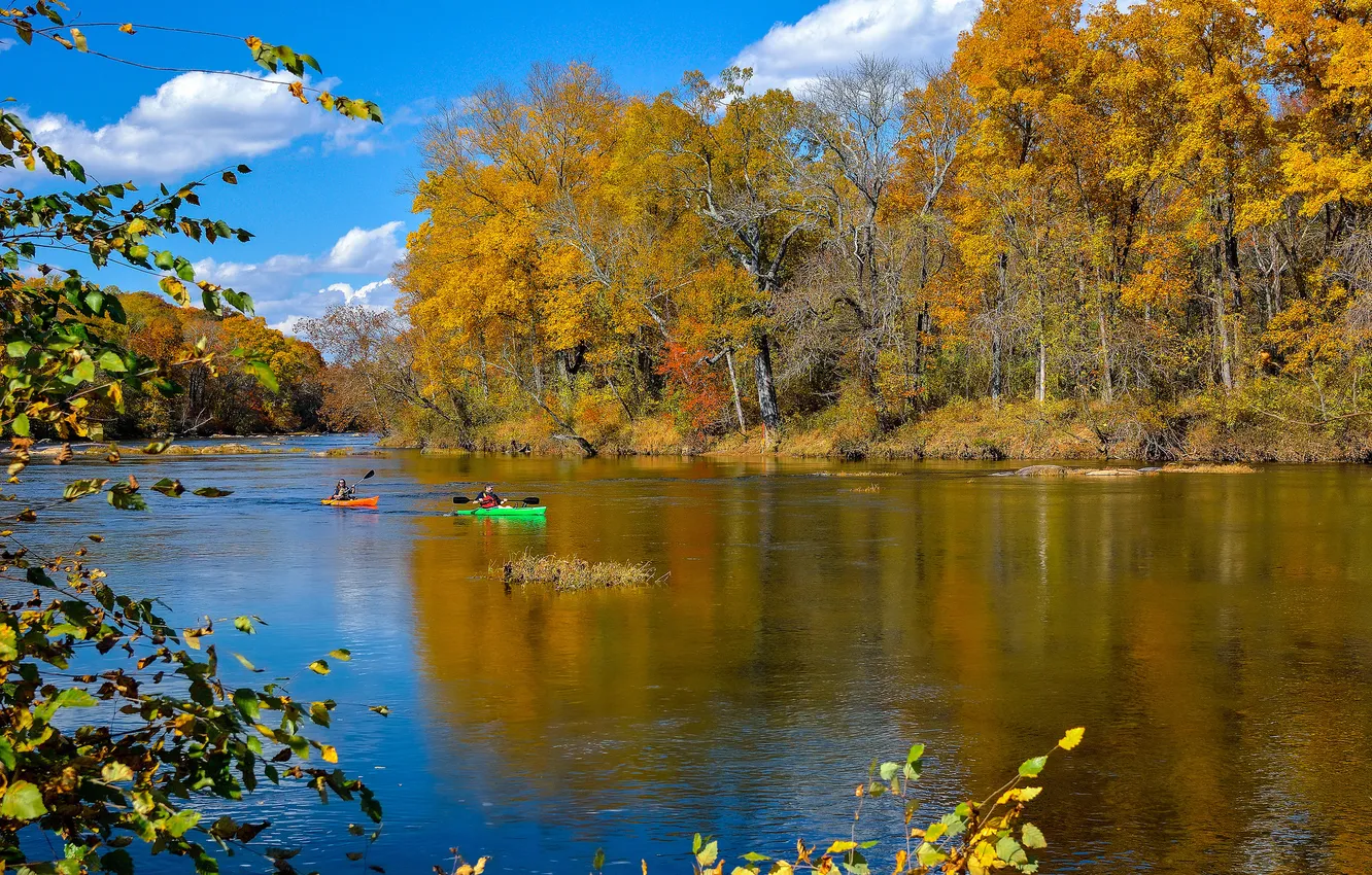 Photo wallpaper autumn, forest, the sky, clouds, trees, river, boat