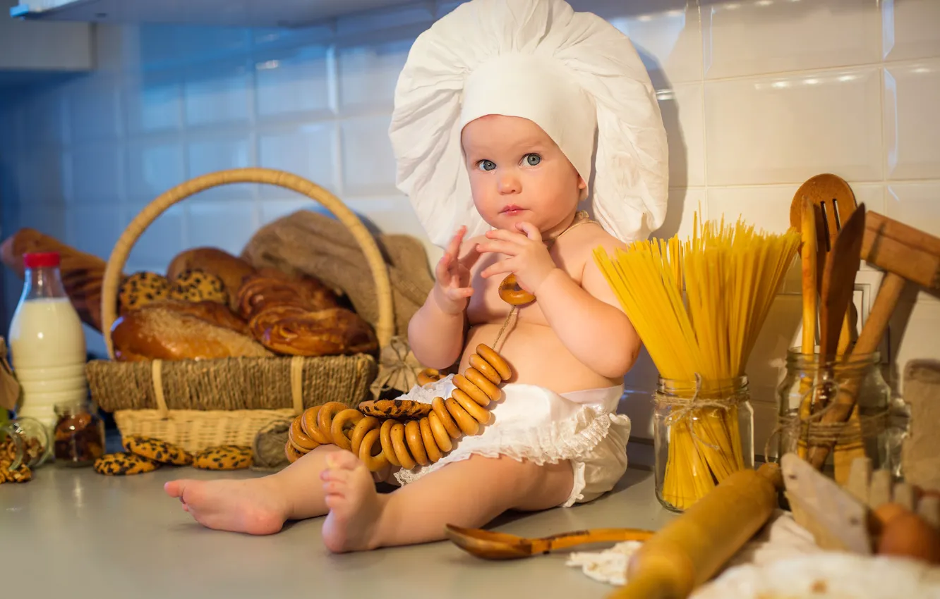 Photo wallpaper child, baby, milk, cookies, kitchen, cook, muffin, child