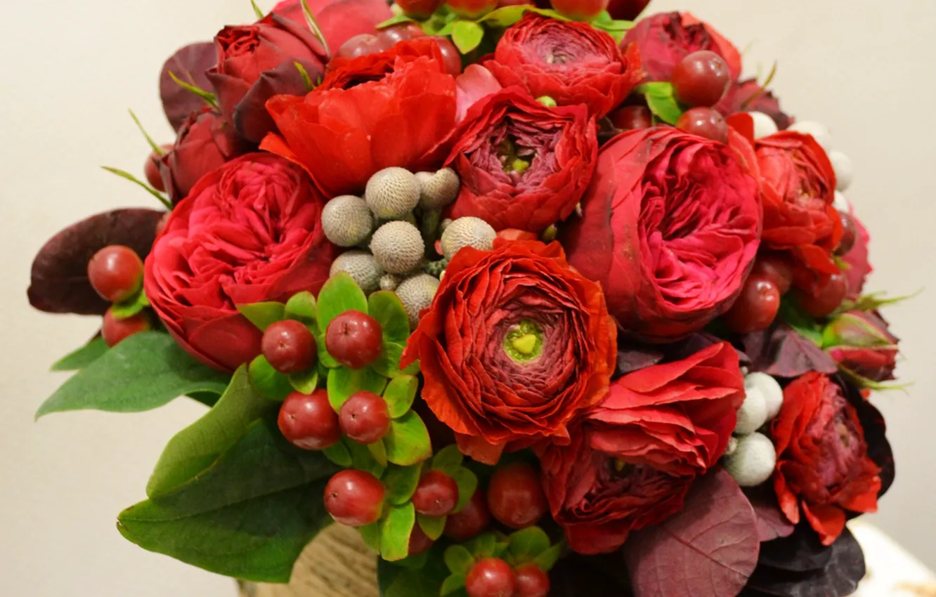 Photo wallpaper flowers, red, berries, bouquet, wedding