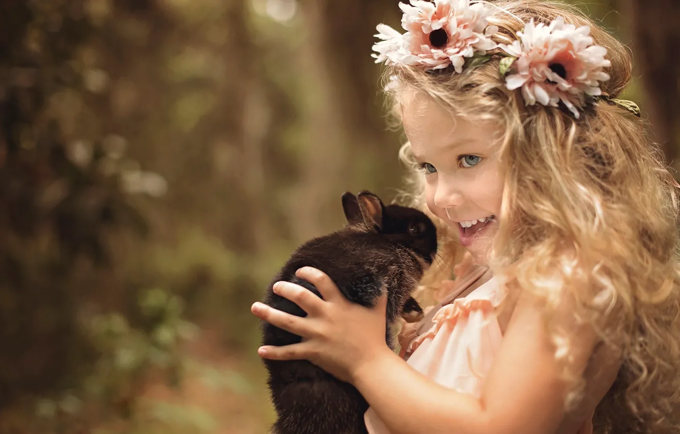 Photo wallpaper joy, flowers, nature, children, smile, animal, rabbit, girl