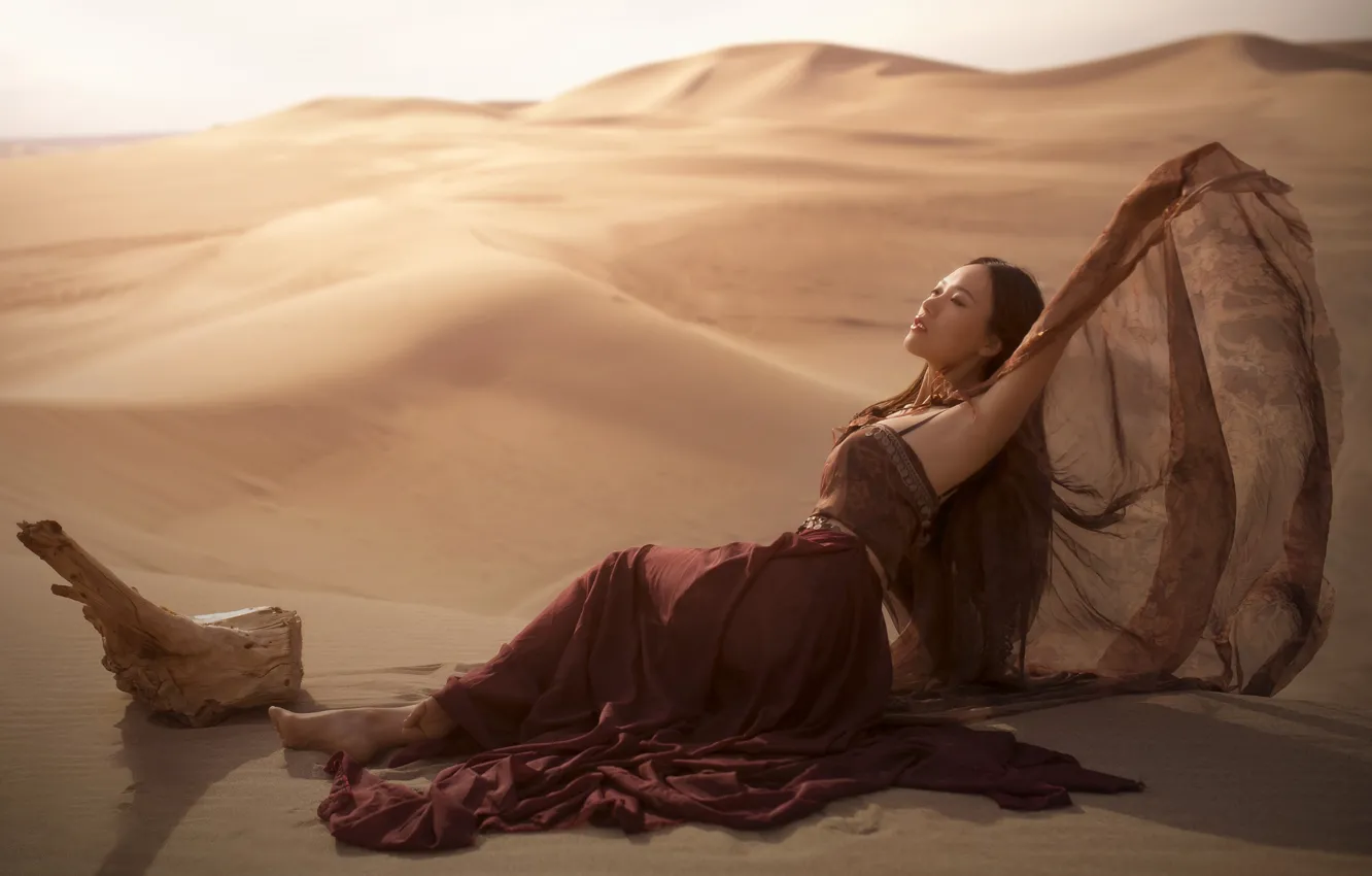 Photo wallpaper sand, look, girl, light, pose, desert, hands, dress