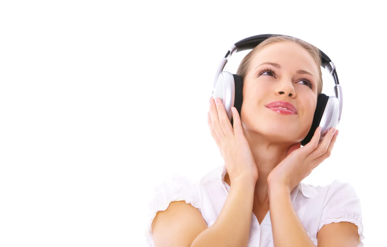 Photo wallpaper girl, smile, makeup, headphones, hairstyle, blonde, white background, in white