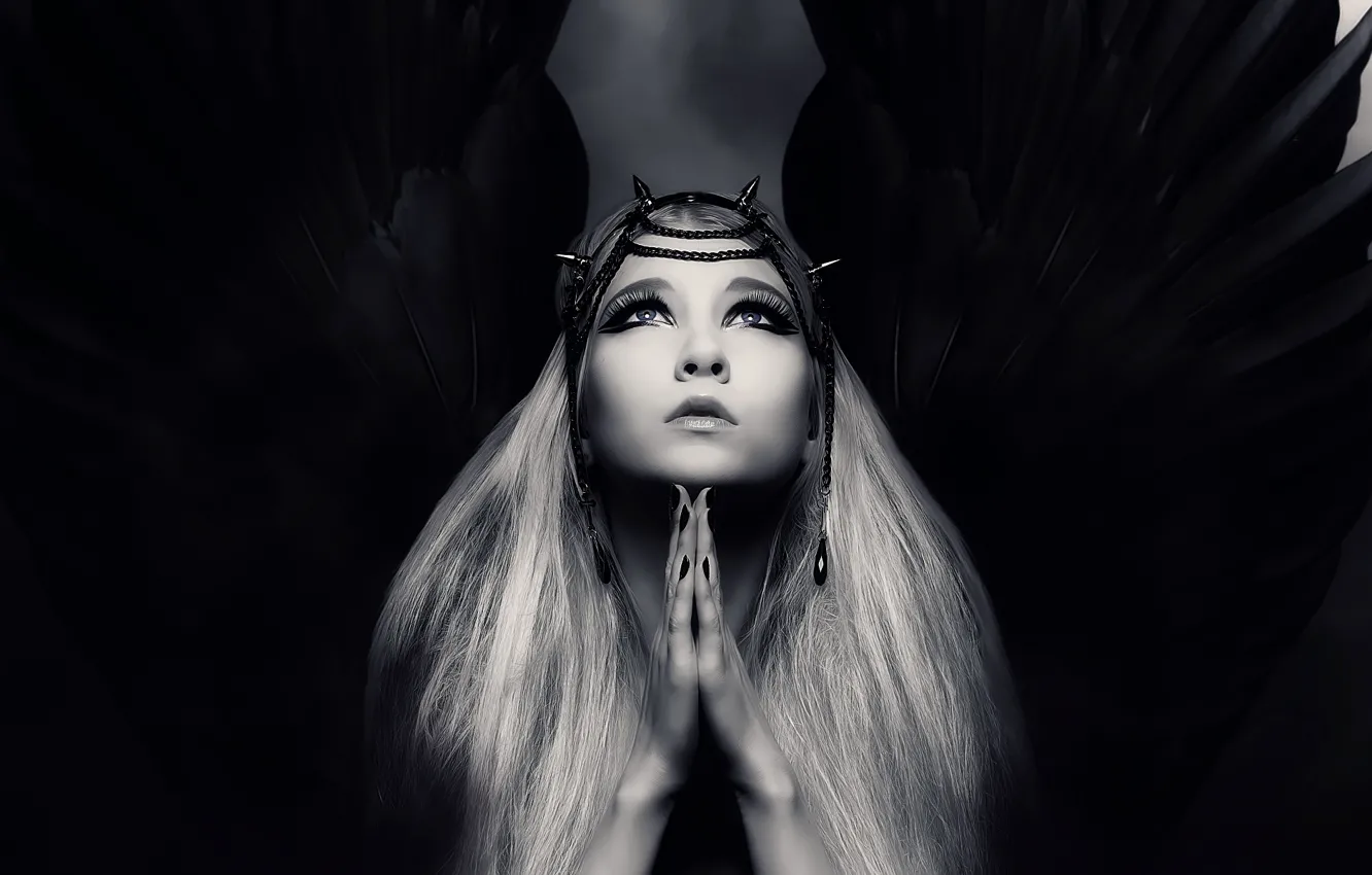 Photo wallpaper girl, face, hair, wings, hands, black and white, monochrome, praying