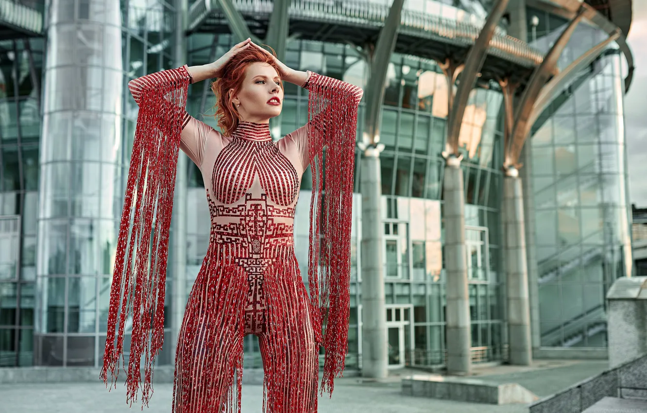 Photo wallpaper girl, pose, the building, outfit, red, jumpsuit, redhead, Eugene Marklew