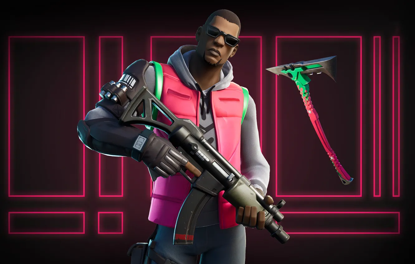 Photo wallpaper weapons, Fortnite, background, guy, neon