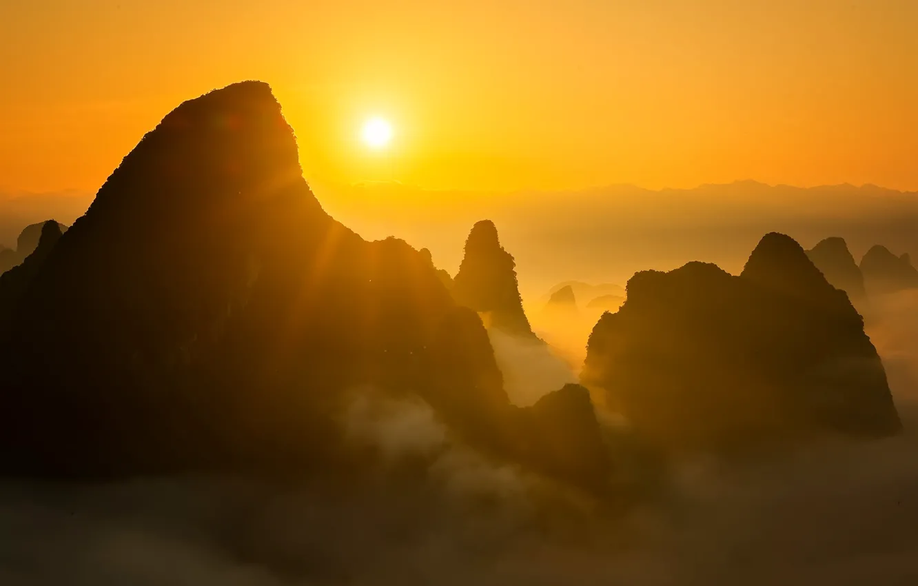 Photo wallpaper the sun, sunset, mountains, China, Guilin