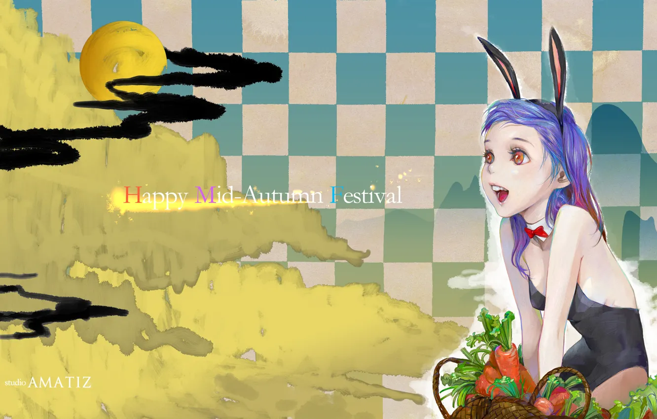 Photo wallpaper girl, the moon, rabbit, red eyes, ears, carrots, holidays, Happy Mid-Autumn Festival