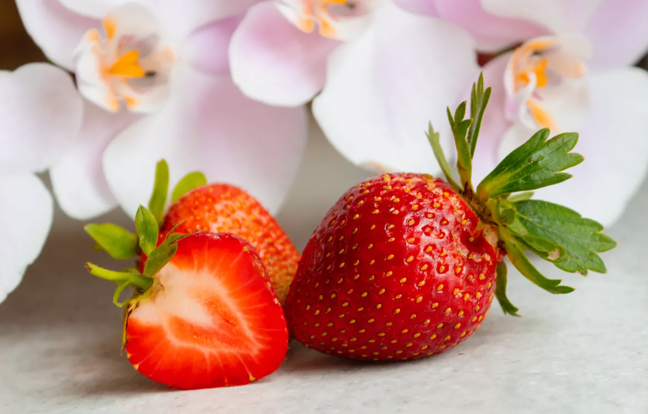 Photo wallpaper flowers, berries, strawberry, orchids, light background, bokeh