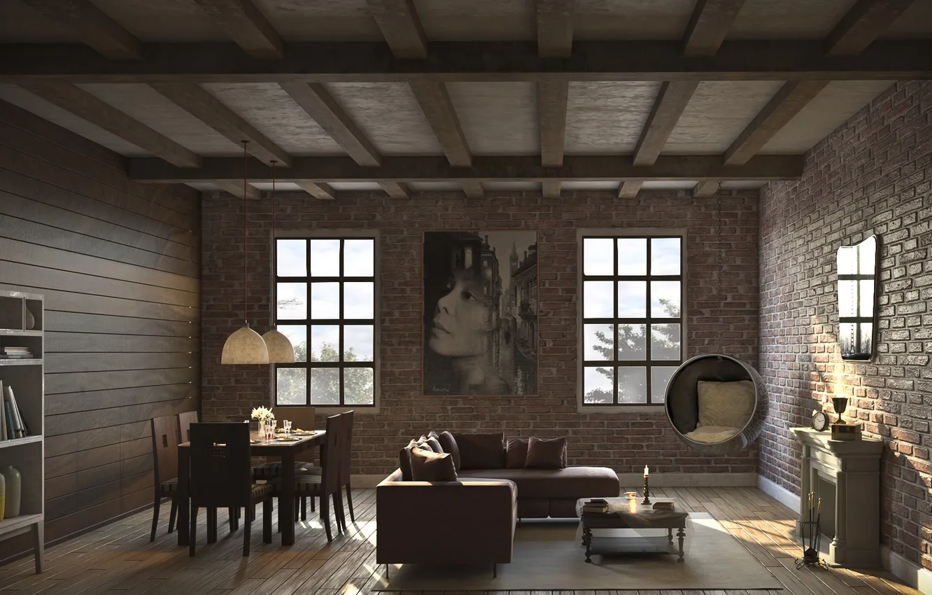 Photo wallpaper design, style, interior, fireplace, living room, dining room, stone and wood, natural materials