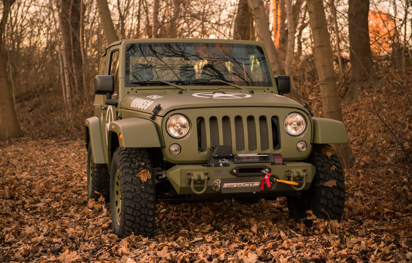 Photo wallpaper autumn, forest, trees, foliage, bumper, 4x4, Jeep, winch