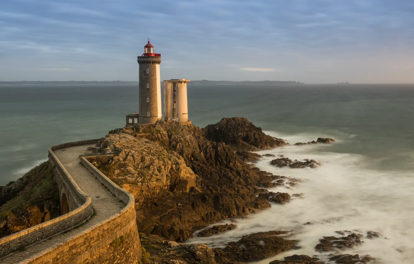 Photo wallpaper sea, the sky, clouds, bridge, fog, stones, rocks, shore