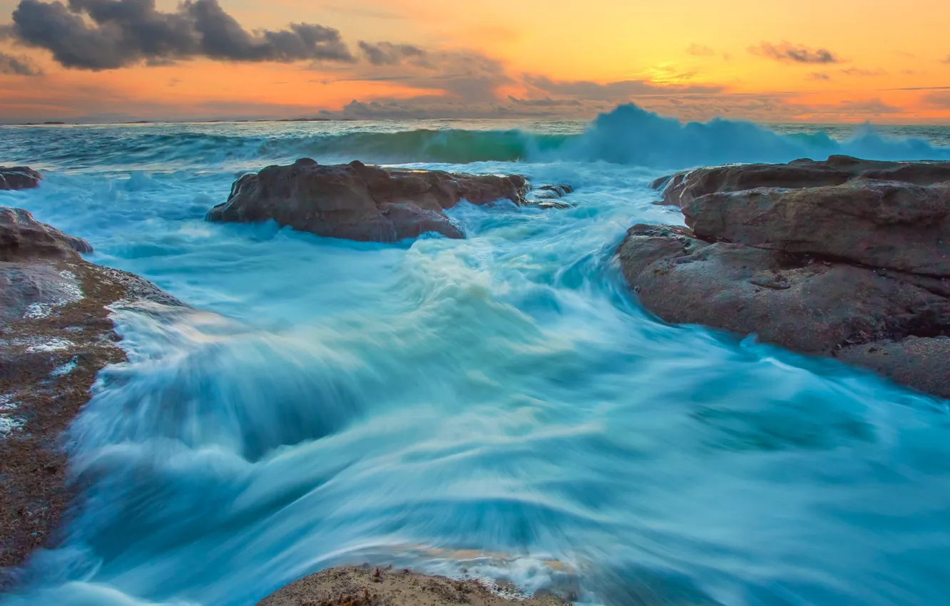 Photo wallpaper sea, rocks, glow
