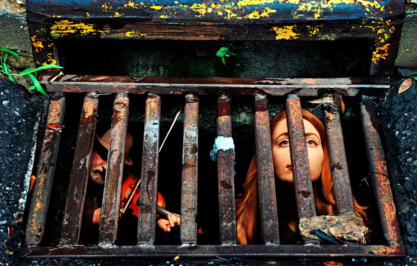 Photo wallpaper girl, violin, grille, musician
