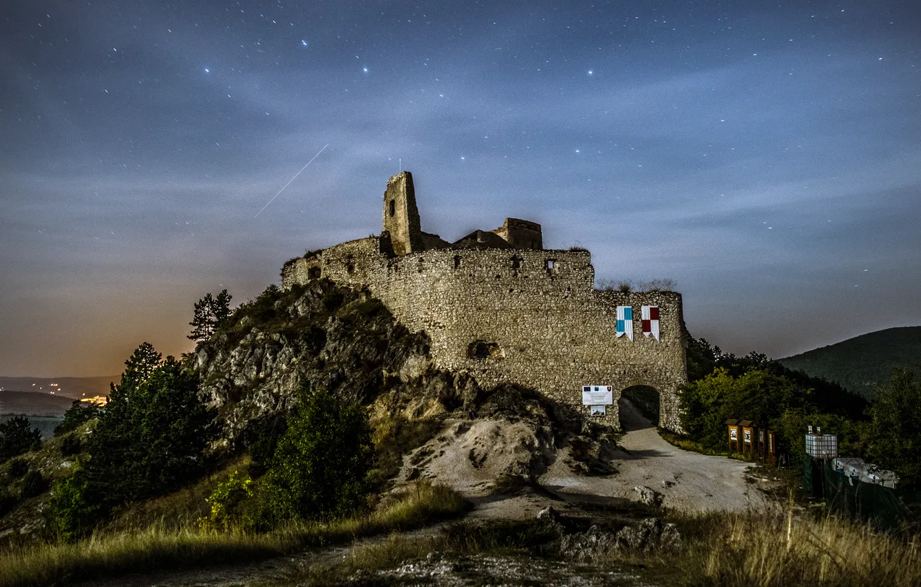 Photo wallpaper stars, trees, night, stones, castle, rocks, ruins