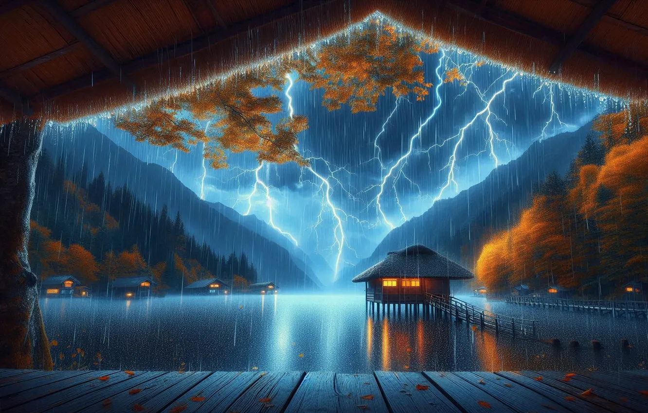 Photo wallpaper the storm, autumn, forest, landscape, mountains, nature, rain, lightning