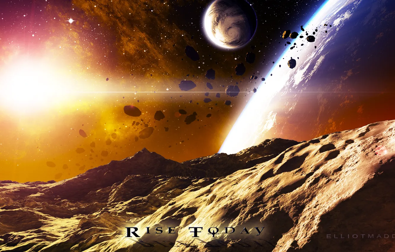 Photo wallpaper stars, light, planet, satellite, asteroids