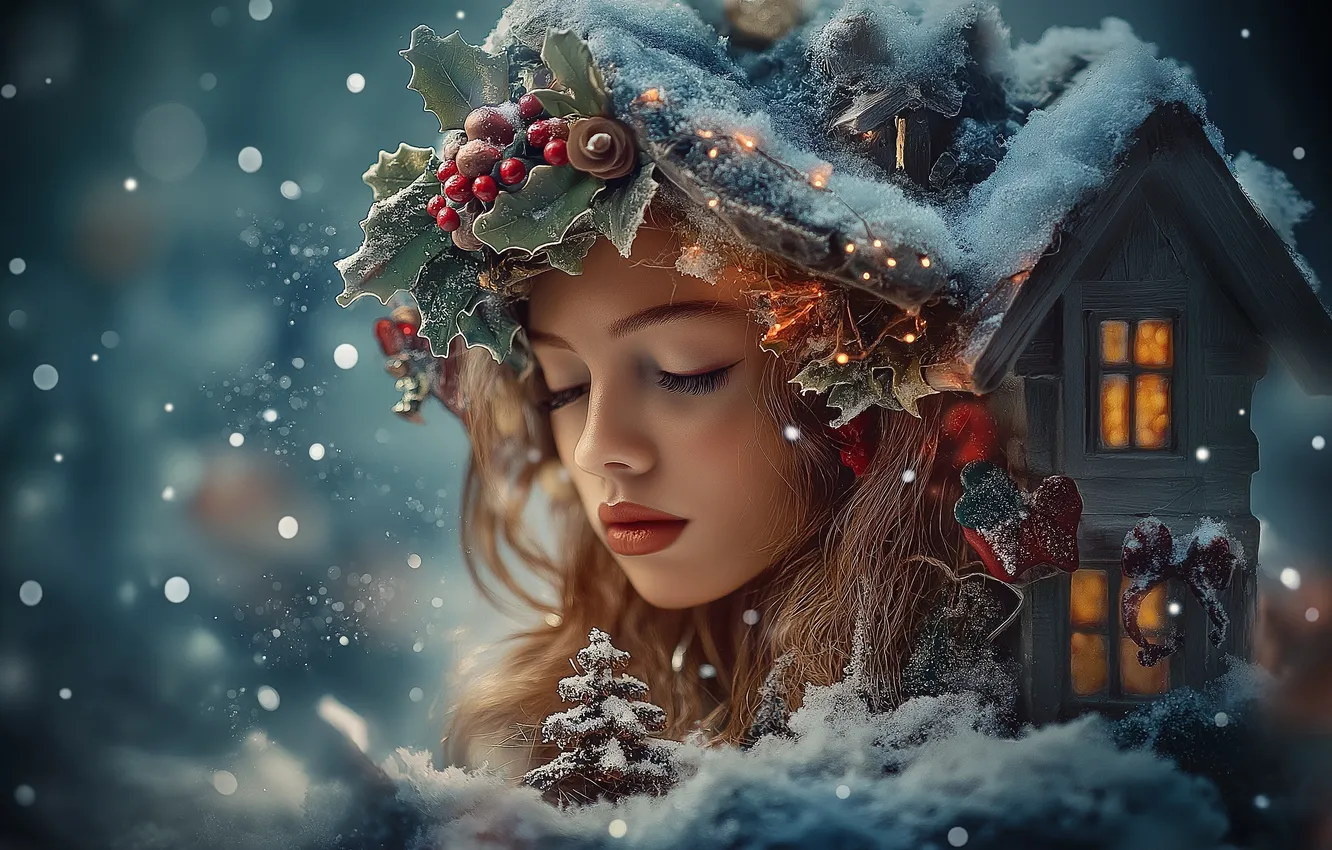 Photo wallpaper snowflakes, comfort, berries, fantasy, magic, tree, Holly, fantasy