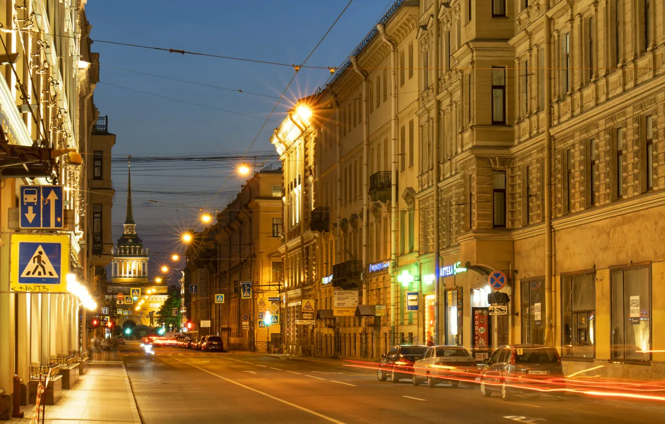 Photo wallpaper night, lights, street, Saint Petersburg