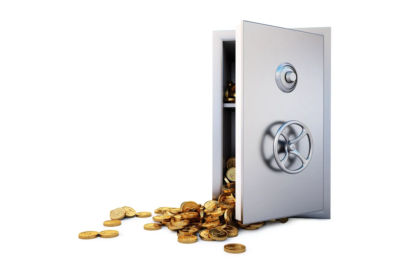 Photo wallpaper gold, money, safety Deposit box, white background, coins