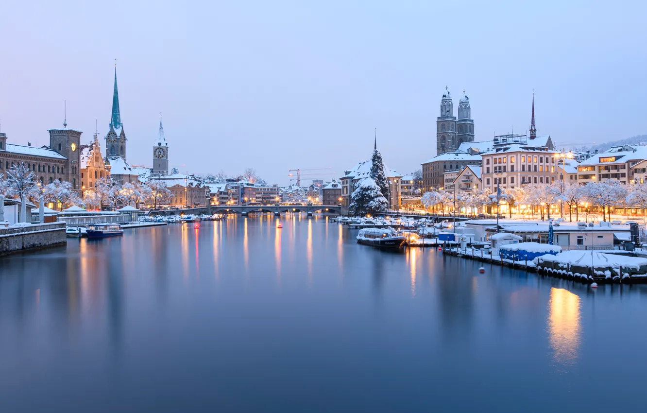 Photo wallpaper winter, river, building, home, Switzerland, pier, Switzerland, Zurich