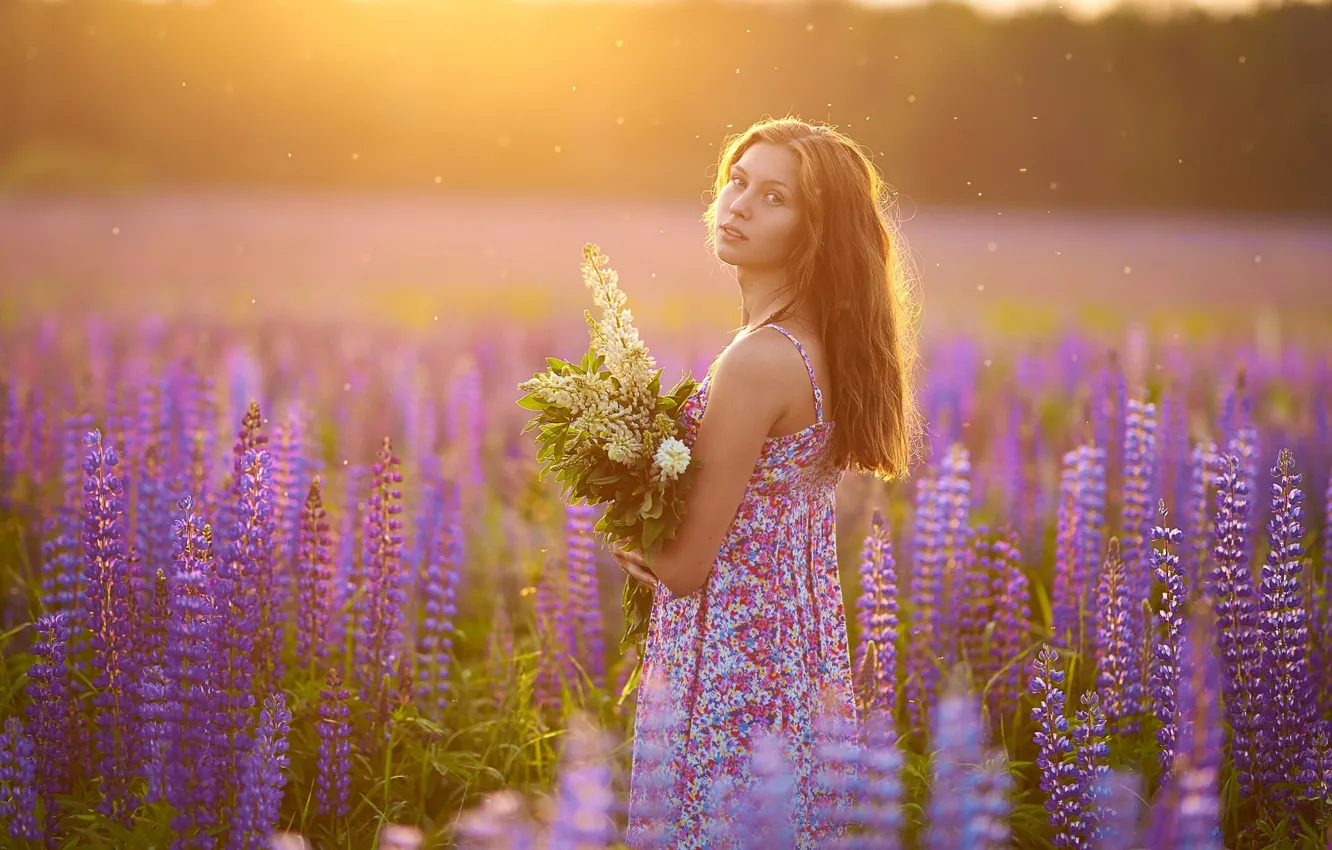 Photo wallpaper summer, look, girl, flowers, pose, mood, bouquet, meadow