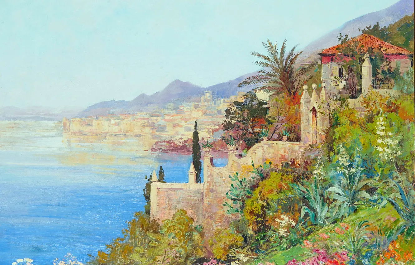 Photo wallpaper Flowers, Water, Home, Trees, Picture, Coast, Alois Arnegger, Alois Arnegger