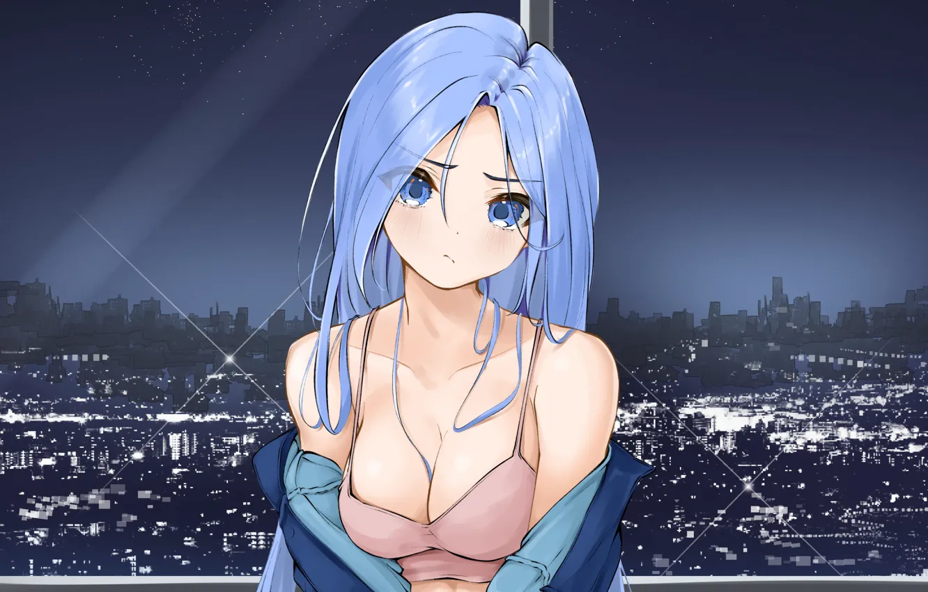 Photo wallpaper girl, cleavage, long hair, boobs, anime, blue eyes, beautiful, pretty
