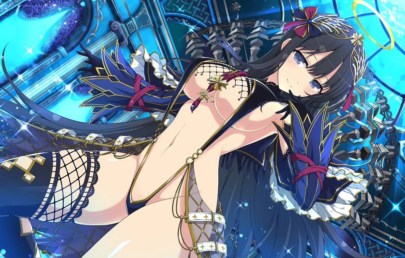 Photo wallpaper girl, sexy, cleavage, blouse, thighhighs, long hair, legs, boobs