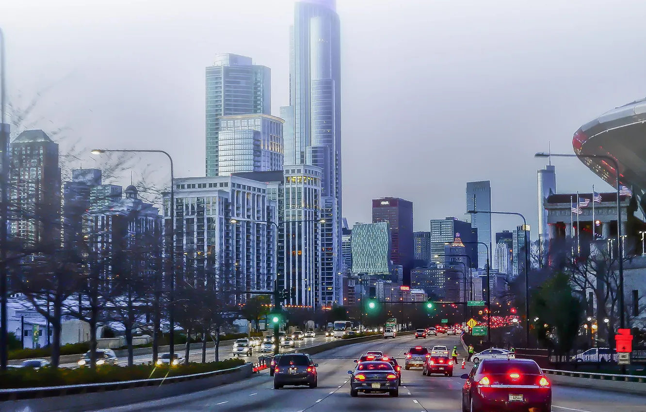 Photo wallpaper city, Chicago, sunset, Downtown, Lake Shore Drive, Rush Hour