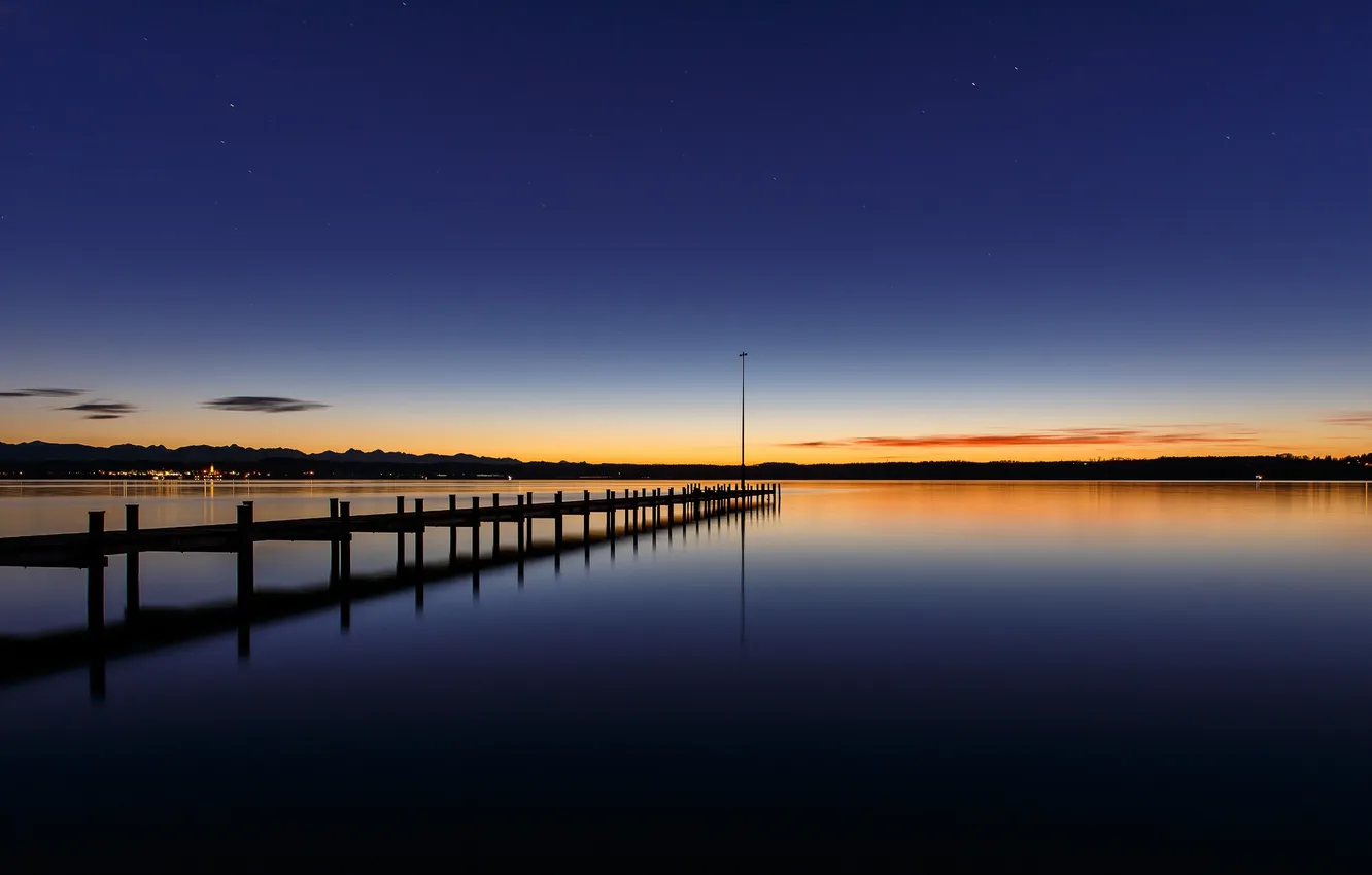Photo wallpaper the sky, lake, the evening, pier, glow, the bridge