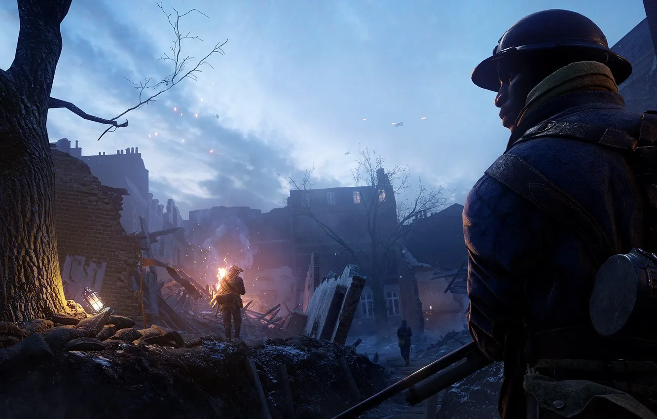 Photo wallpaper soldier, trees, war, ruins, Battlefield 1, Beatiful sky